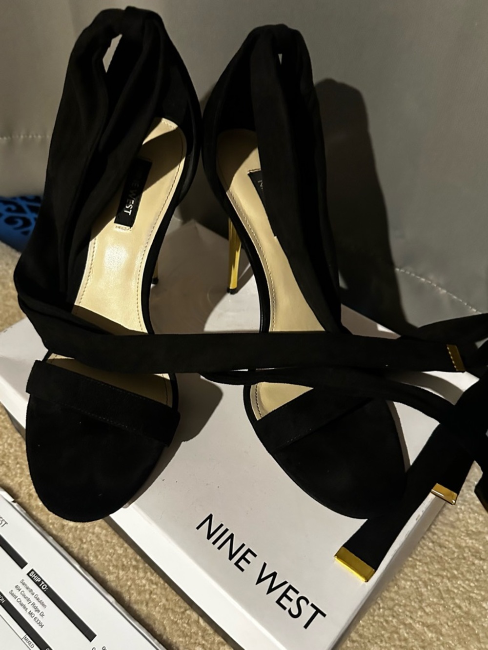 Nine West Black Suede Wrap-Ankle High Heel Sandals with Gold Accents